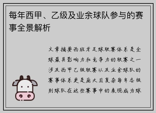 每年西甲、乙级及业余球队参与的赛事全景解析 每年西甲、乙级及业余球队参与的赛事全景解析