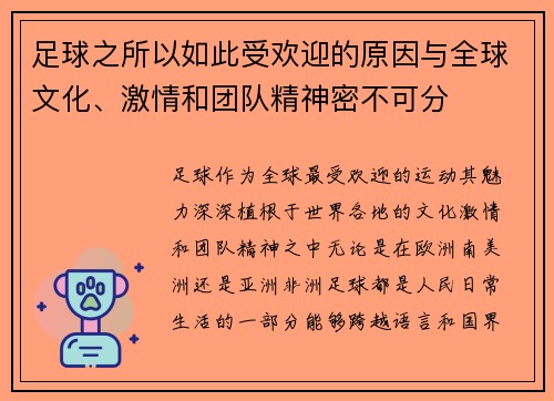 足球之所以如此受欢迎的原因与全球文化、激情和团队精神密不可分
